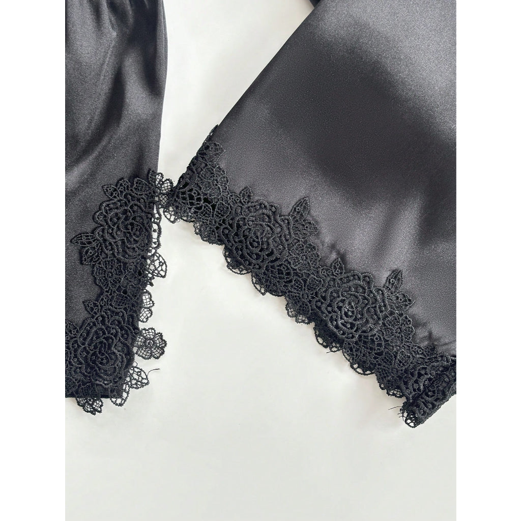 Conjunto Pijama Satén Encaje 5pzs Mujer Negro Ropa Dormir Sexy