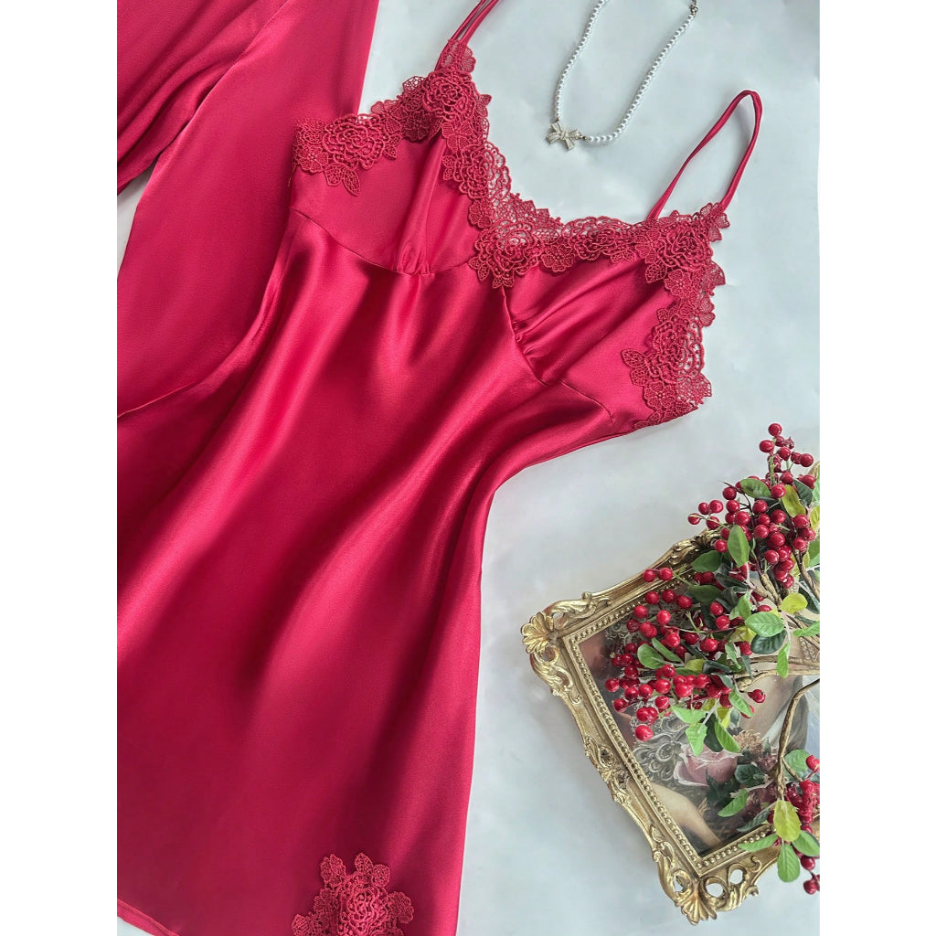 Conjunto Pijama Satén Encaje 5pzs Mujer Negro Ropa Dormir Sexy