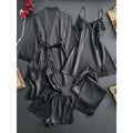 Conjunto Pijama Satén Encaje 5pzs Mujer Negro Ropa Dormir Sexy
