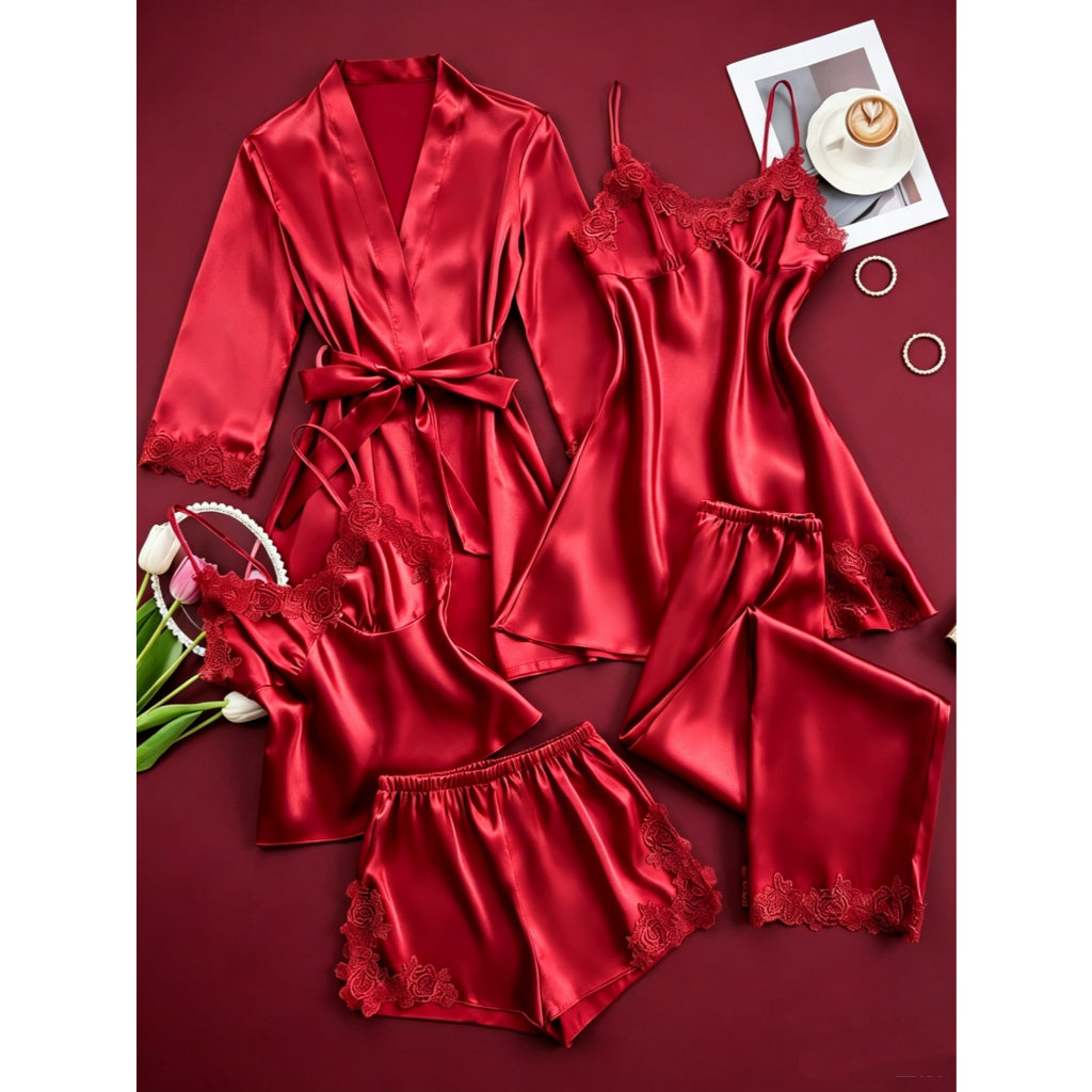 Conjunto Pijama Satén Encaje 5pzs Mujer Negro Ropa Dormir Sexy