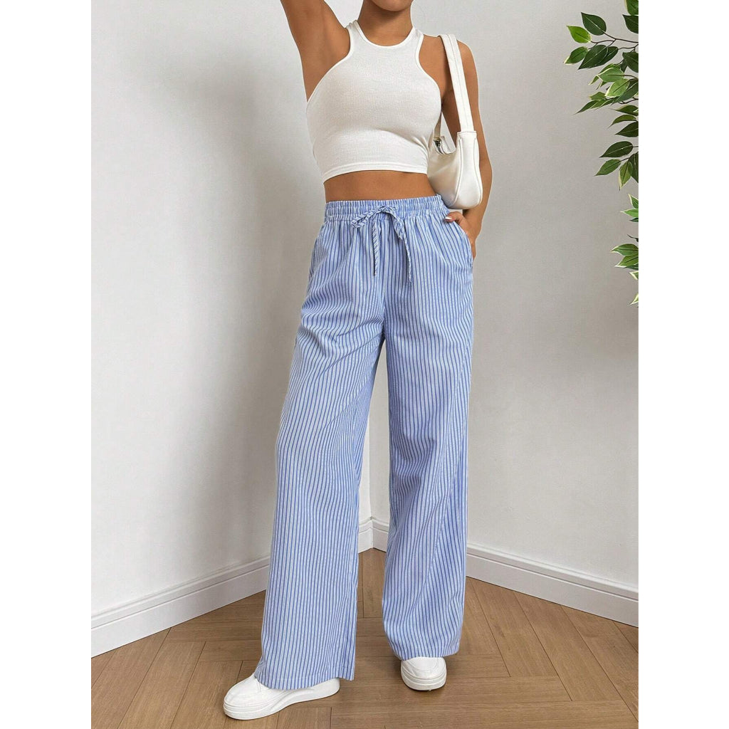 Oferta Limitada Pantalones Pijama Mujer Suave Pierna Ancha Rayas Azul Cintura Elástica con Cordón Ropa Descanso Casual