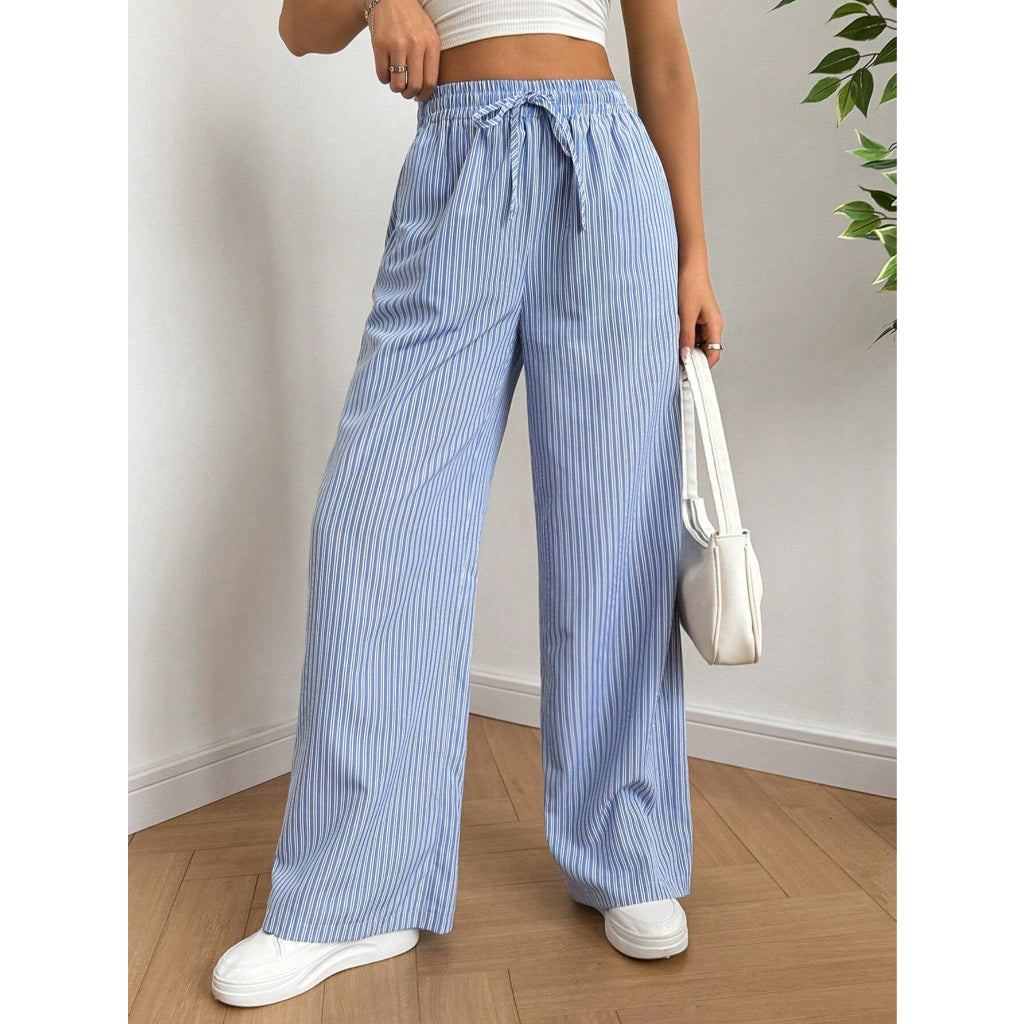 Oferta Limitada Pantalones Pijama Mujer Suave Pierna Ancha Rayas Azul Cintura Elástica con Cordón Ropa Descanso Casual