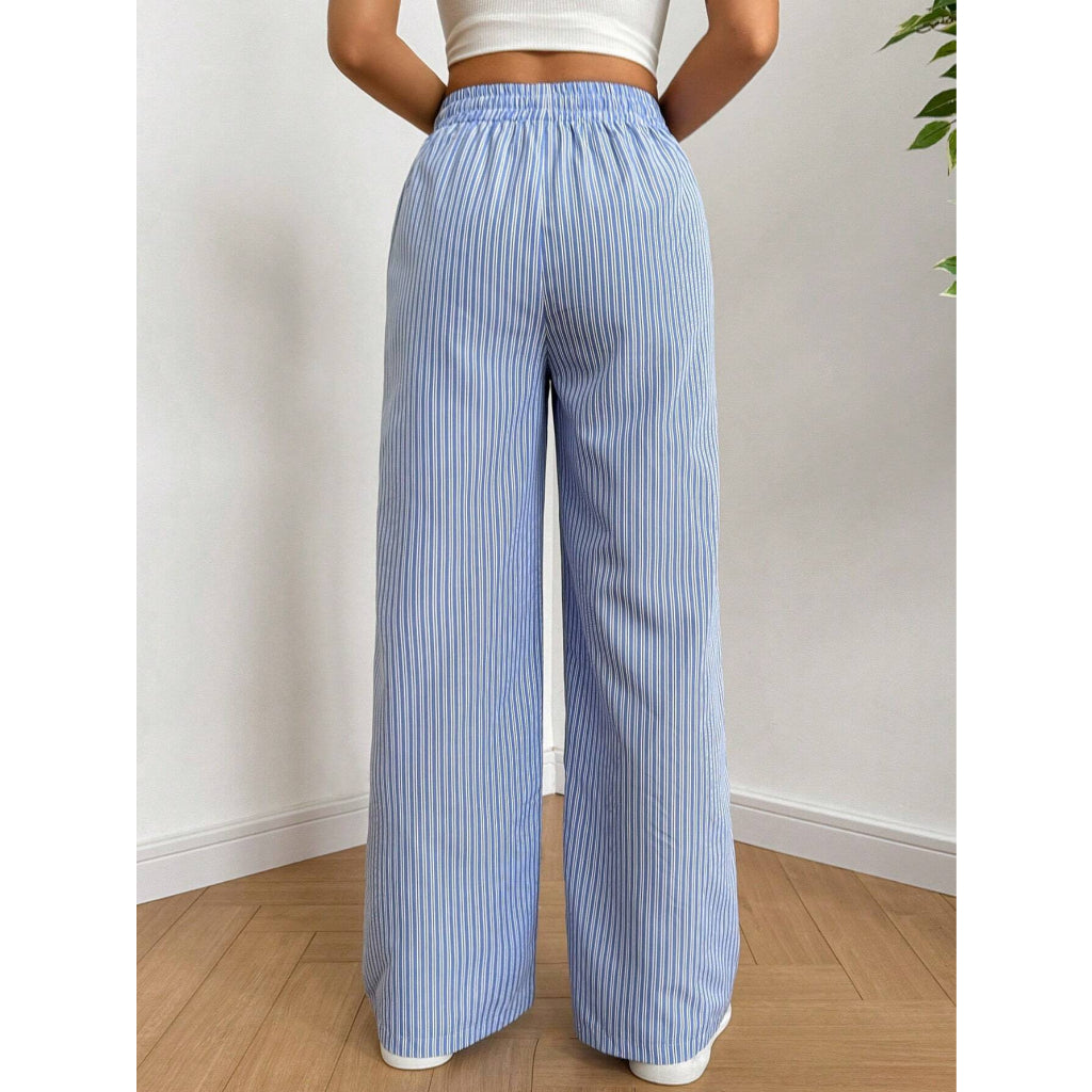 Oferta Limitada Pantalones Pijama Mujer Suave Pierna Ancha Rayas Azul Cintura Elástica con Cordón Ropa Descanso Casual