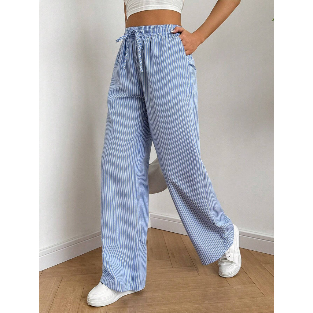 Oferta Limitada Pantalones Pijama Mujer Suave Pierna Ancha Rayas Azul Cintura Elástica con Cordón Ropa Descanso Casual
