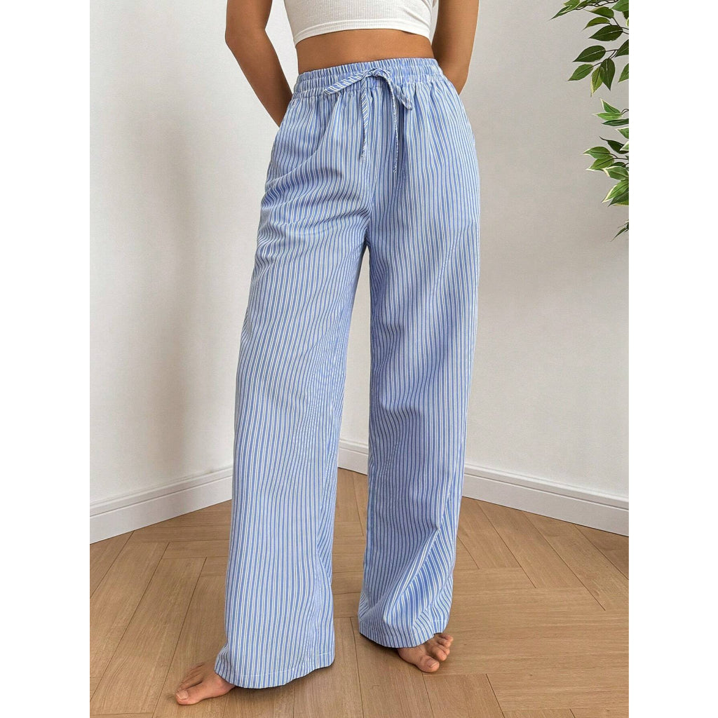 Oferta Limitada Pantalones Pijama Mujer Suave Pierna Ancha Rayas Azul Cintura Elástica con Cordón Ropa Descanso Casual
