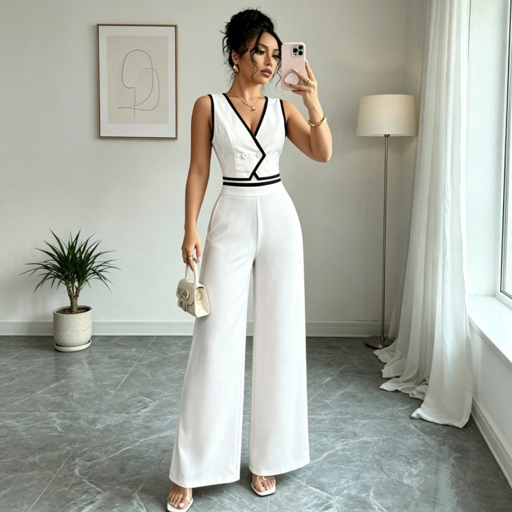 Precio Oferta Limitada Enterizo Mujer Sin Mangas Blanco Cuello V Pierna Ancha Elegante Formal Fiesta