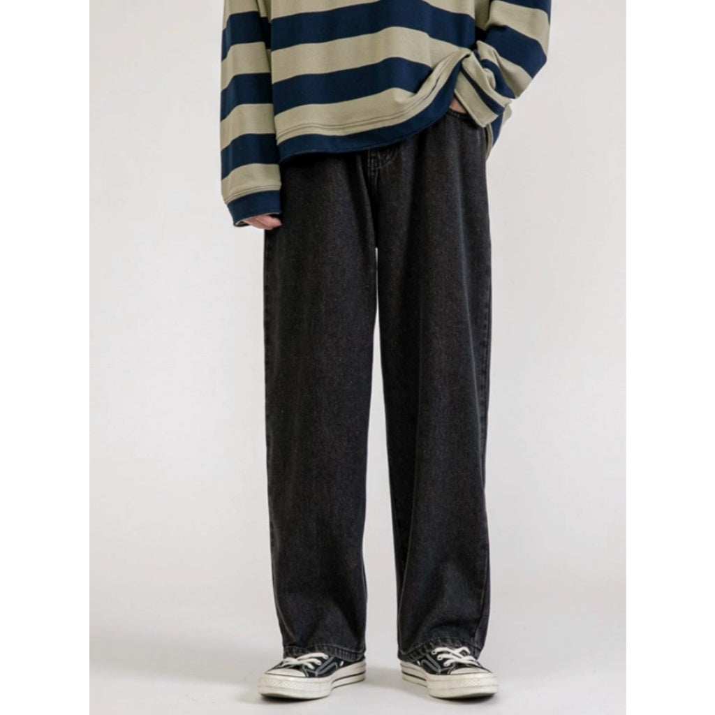 Pantalones Mezclilla Hombre Suelto Cómodo Corte Recto Negro Desgastado Estilo Urbano Streetwear