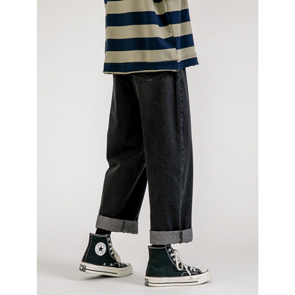 Pantalones Mezclilla Hombre Suelto Cómodo Corte Recto Negro Desgastado Estilo Urbano Streetwear