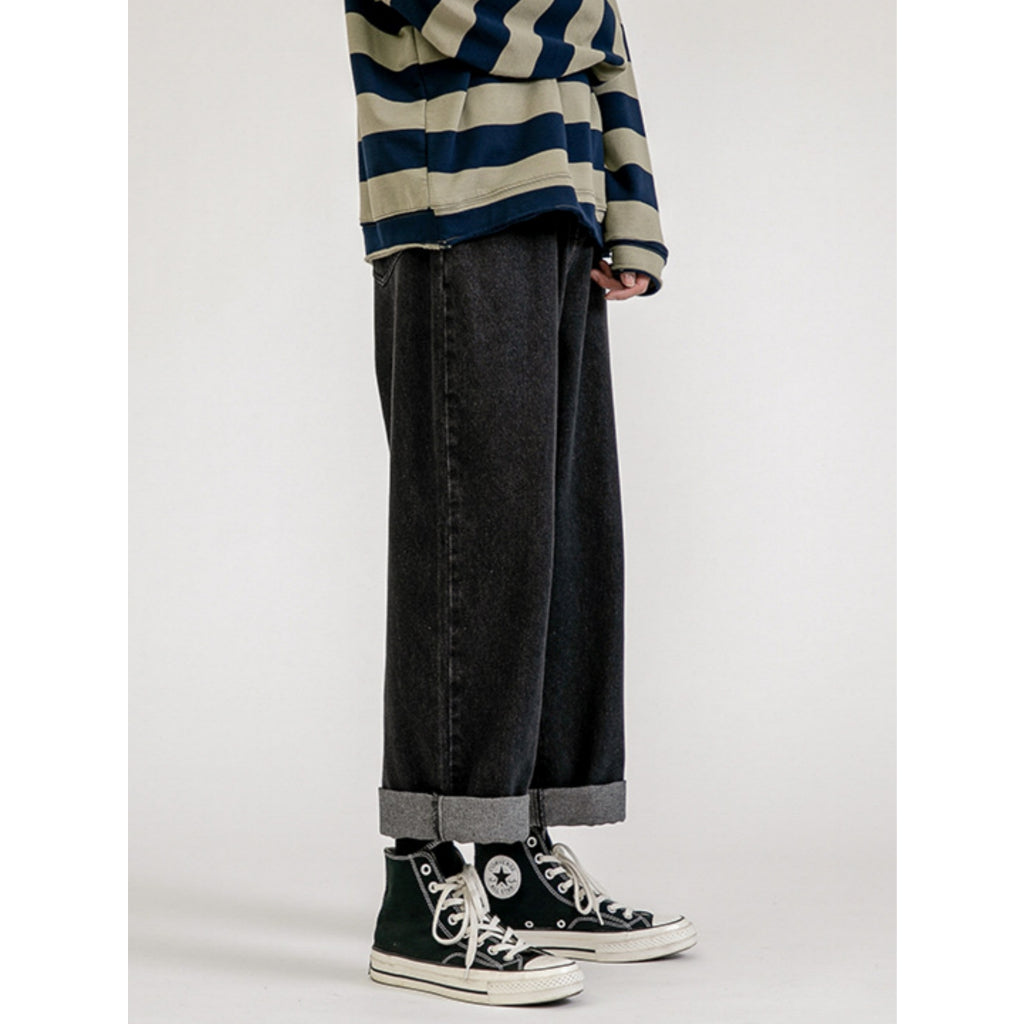 Pantalones Mezclilla Hombre Suelto Cómodo Corte Recto Negro Desgastado Estilo Urbano Streetwear