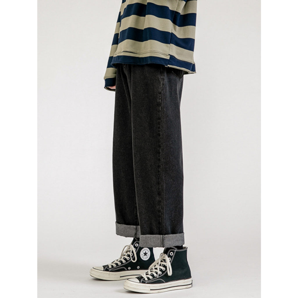 Pantalones Mezclilla Hombre Suelto Cómodo Corte Recto Negro Desgastado Estilo Urbano Streetwear