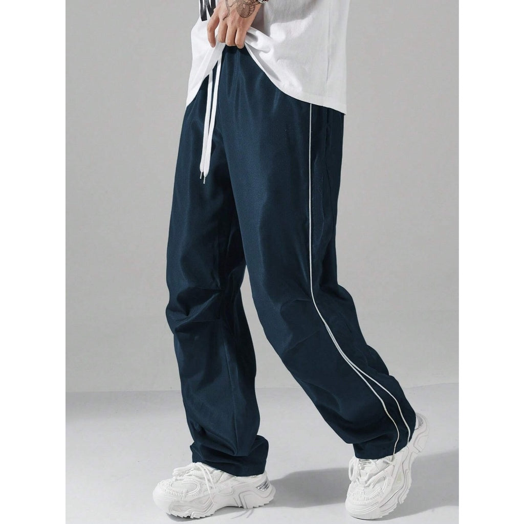 Pantalones Deportivos Hombre Holgados Cordon Ajustable Rayas Laterales Azul Marino Casual Campus
