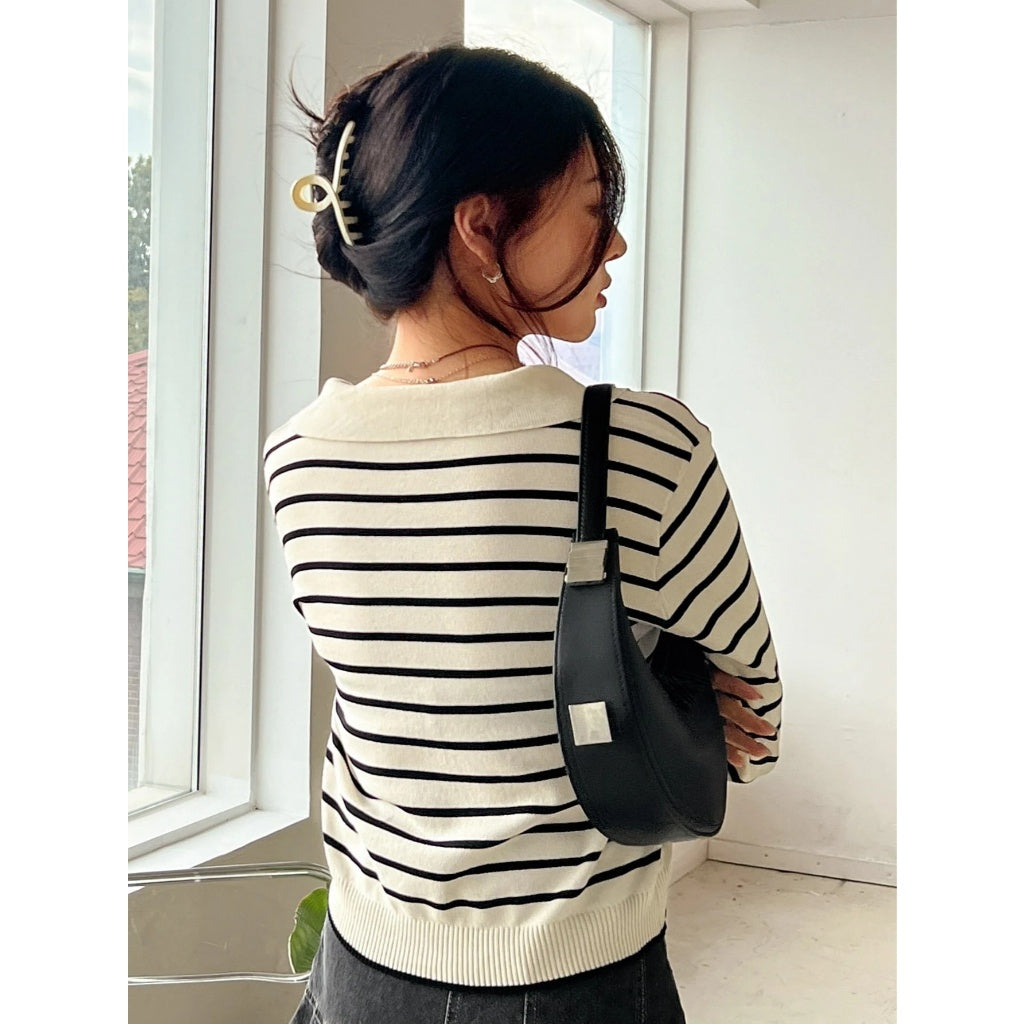 Suéter Mujer Punto Suave Cuello Polo V Rayas Blanco Negro Manga Larga Crop Casual Diario