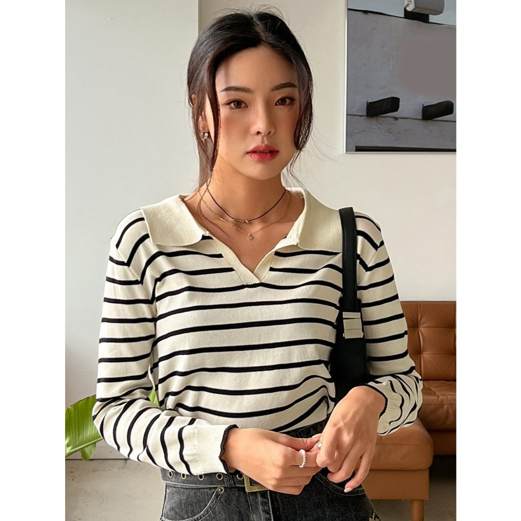Suéter Mujer Punto Suave Cuello Polo V Rayas Blanco Negro Manga Larga Crop Casual Diario