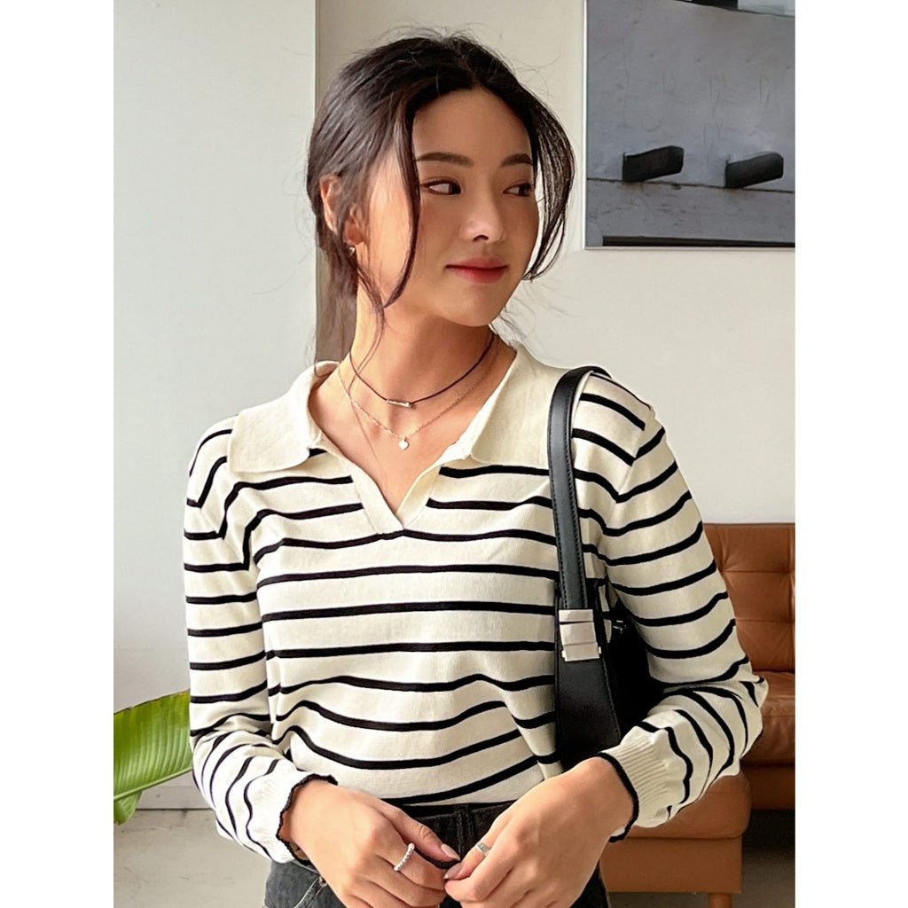 Suéter Mujer Punto Suave Cuello Polo V Rayas Blanco Negro Manga Larga Crop Casual Diario