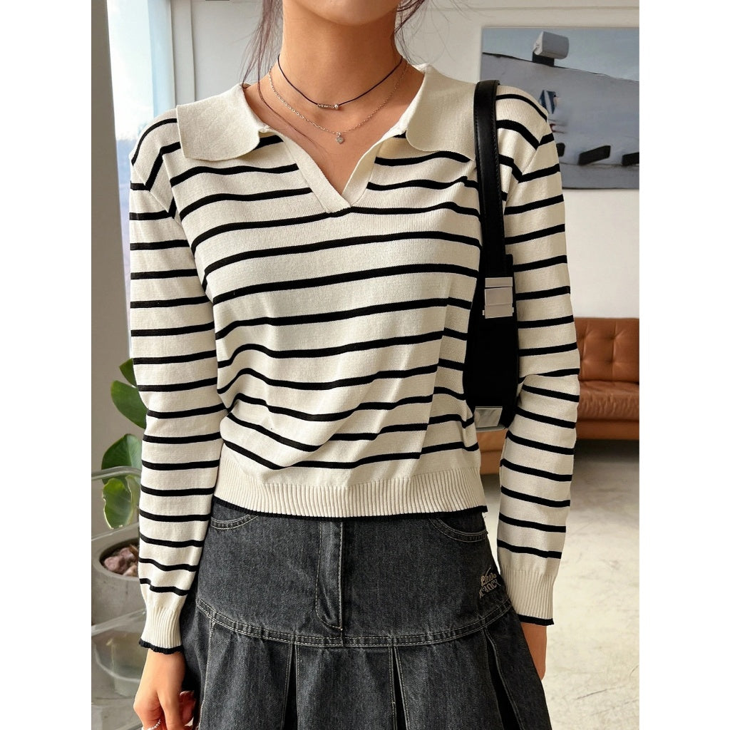 Suéter Mujer Punto Suave Cuello Polo V Rayas Blanco Negro Manga Larga Crop Casual Diario