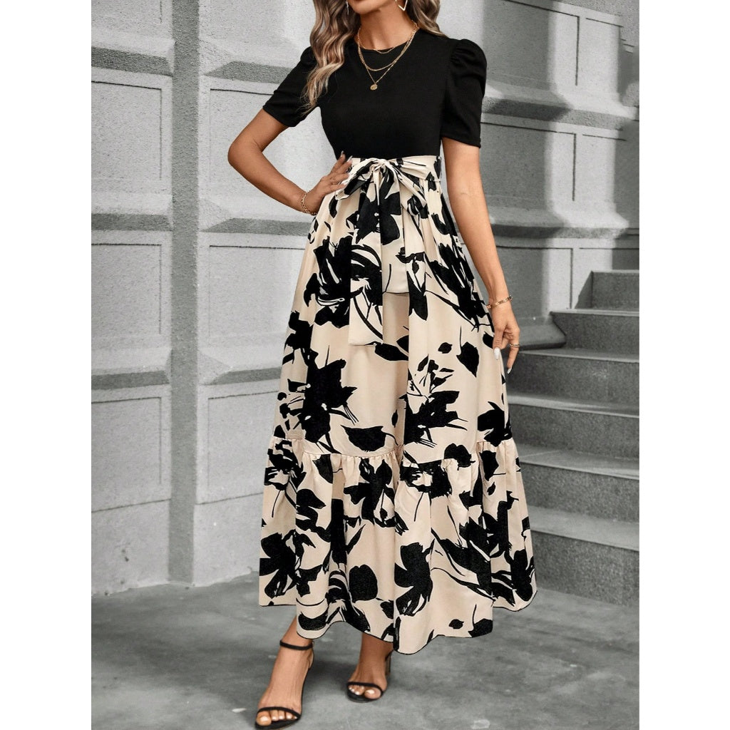 Vestido Mujer Elegante Midi Combinado Floral Cinturón Volante Casual