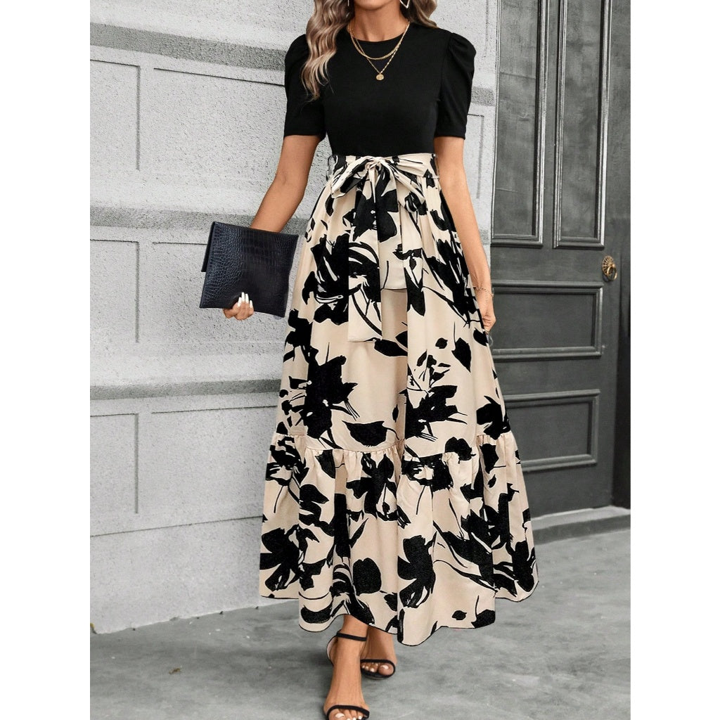 Vestido Mujer Elegante Midi Combinado Floral Cinturón Volante Casual
