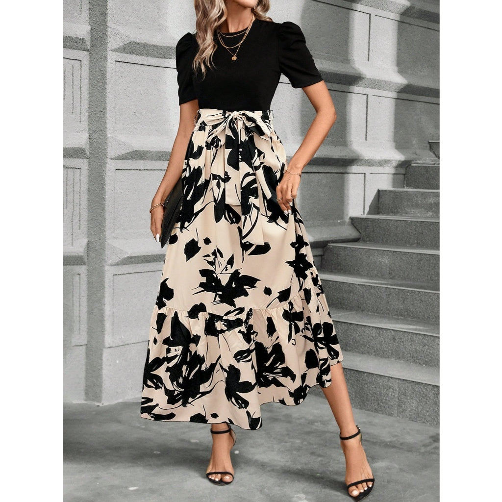 Vestido Mujer Elegante Midi Combinado Floral Cinturón Volante Casual