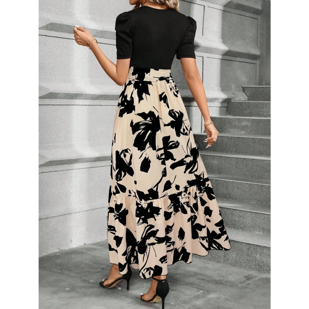 Vestido Mujer Elegante Midi Combinado Floral Cinturón Volante Casual