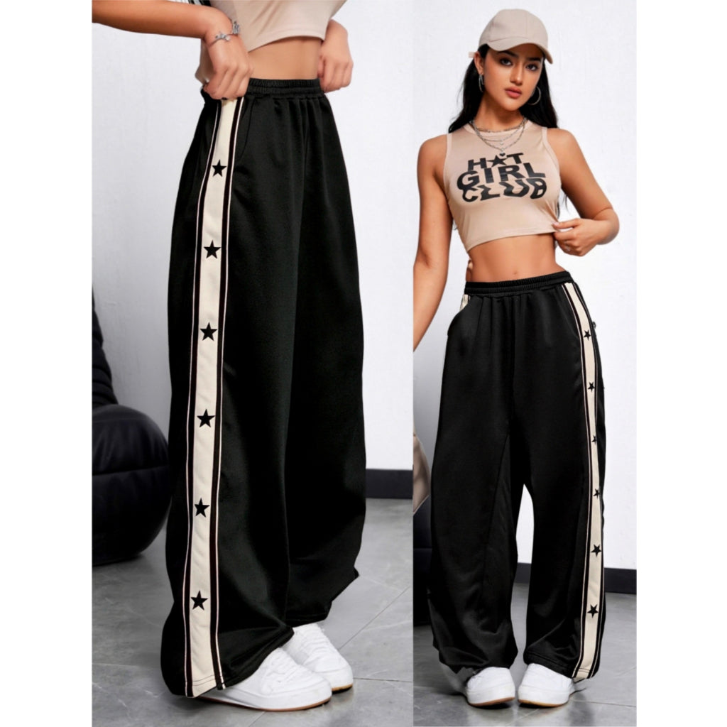 Pantalones Deportivos Mujer Pierna Ancha Cintura Elástica Rayas Estrellas Moda Casual Calle