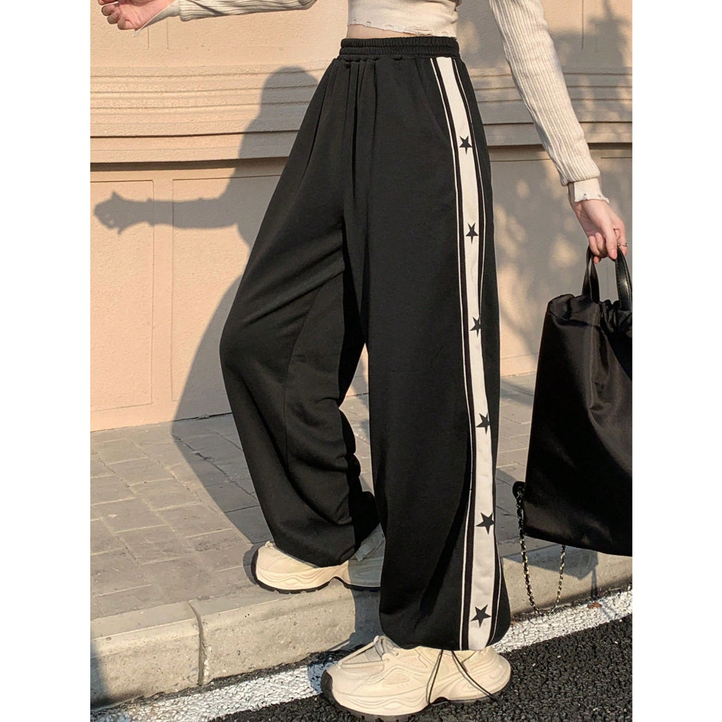 Pantalones Deportivos Mujer Pierna Ancha Cintura Elástica Rayas Estrellas Moda Casual Calle
