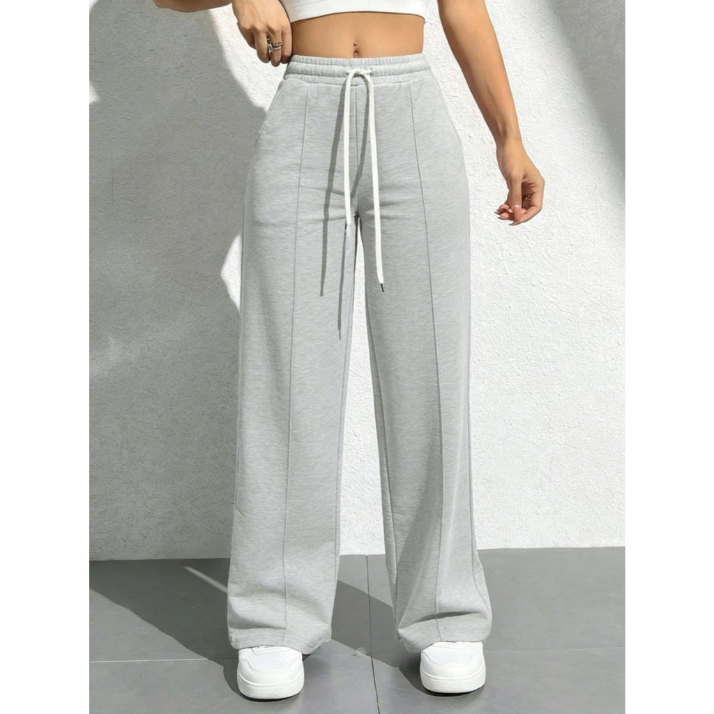 Pantalones Deportivos Mujer Suaves Cintura Alta Pierna Ancha Gris Casual Yoga Jogger con Cordón