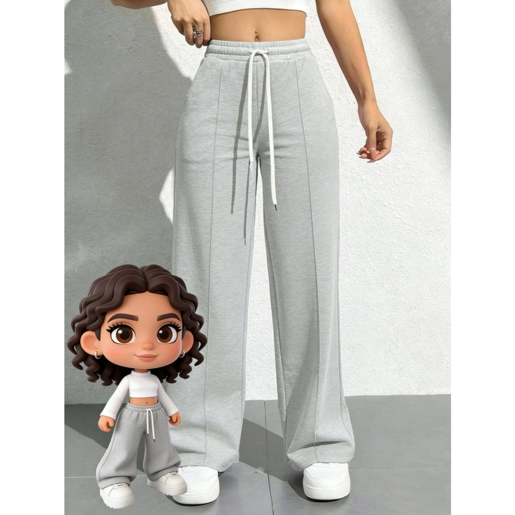 Pantalones Deportivos Mujer Suaves Cintura Alta Pierna Ancha Gris Casual Yoga Jogger con Cordón