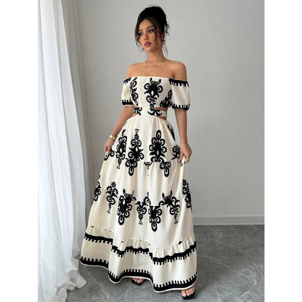 Vestido Largo Mujer Hombros Descubiertos Estampado Negro Blanco Corte Cintura Verano Playa