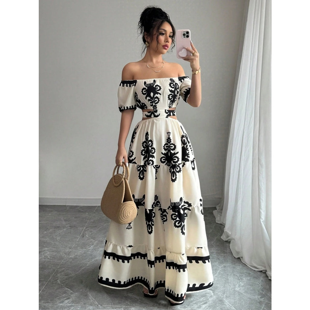 Vestido Largo Mujer Hombros Descubiertos Estampado Negro Blanco Corte Cintura Verano Playa