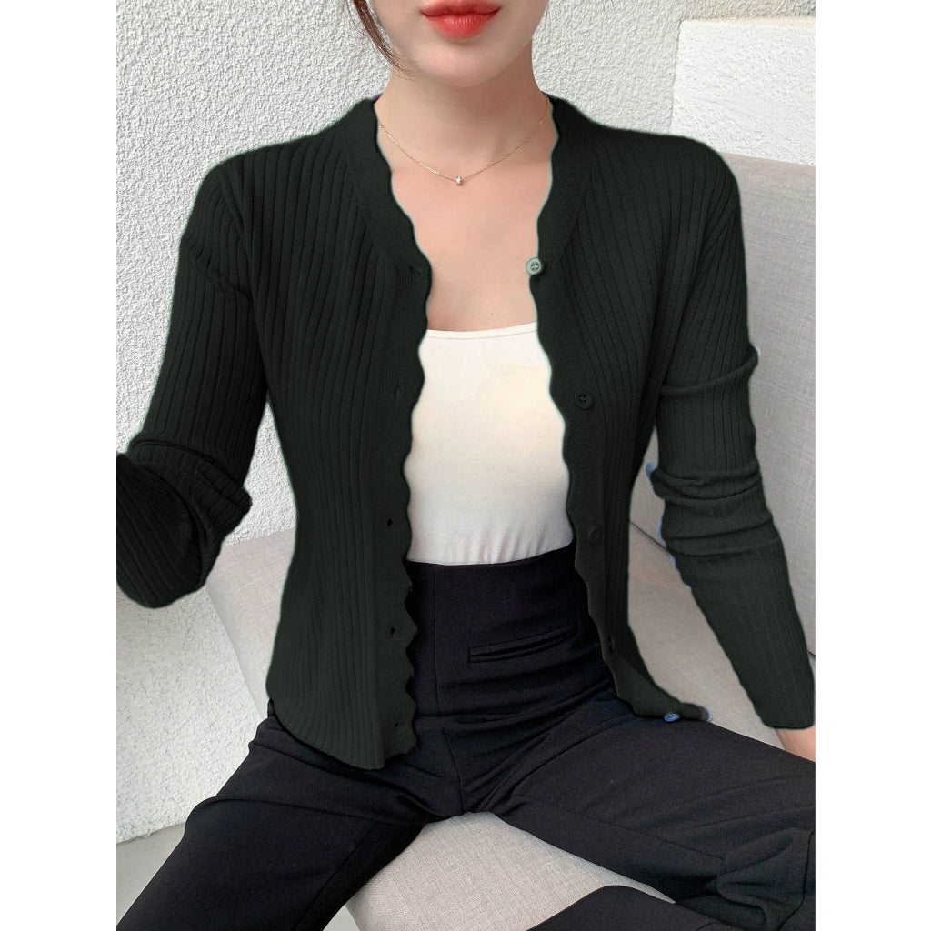 Cárdigan Mujer Tejido Canal Suave Cuello Ondulado Manga Larga Morado Elegante Casual Oficina