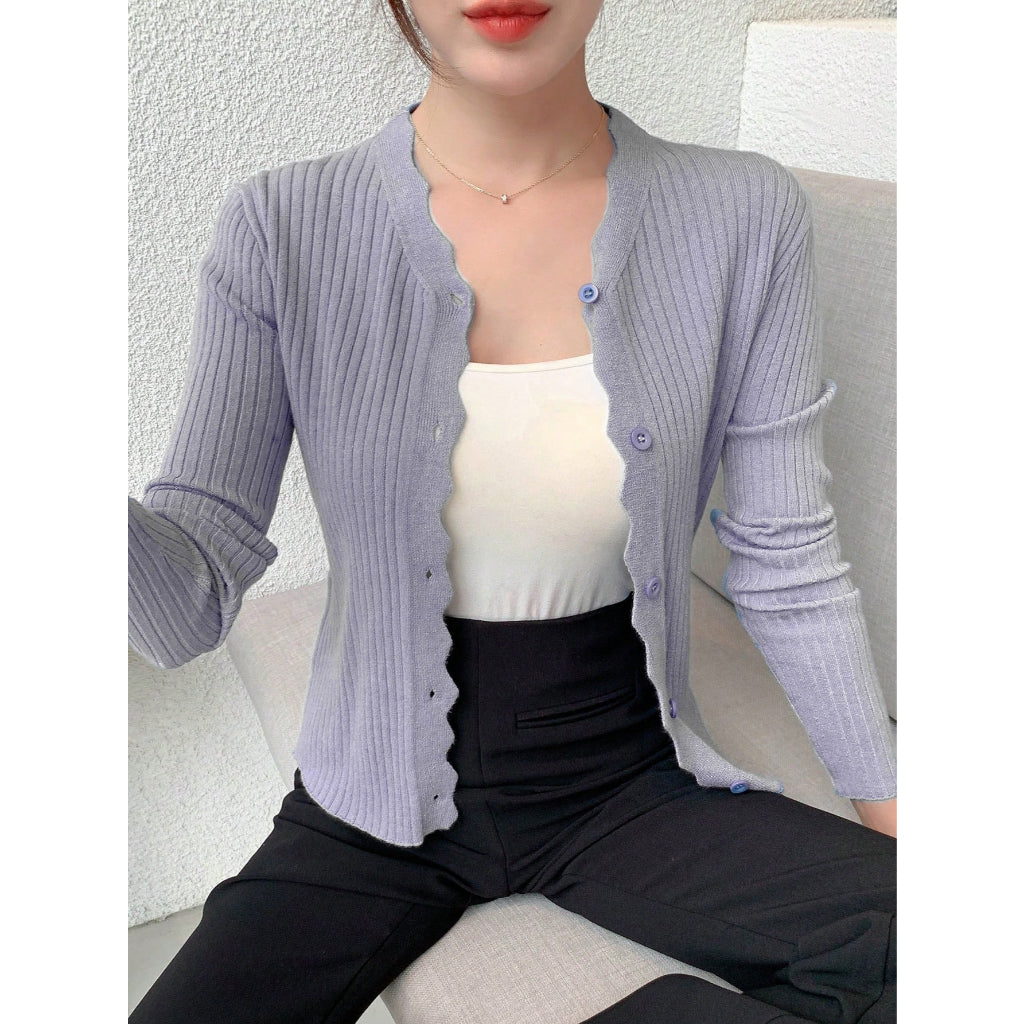 Cárdigan Mujer Tejido Canal Suave Cuello Ondulado Manga Larga Morado Elegante Casual Oficina