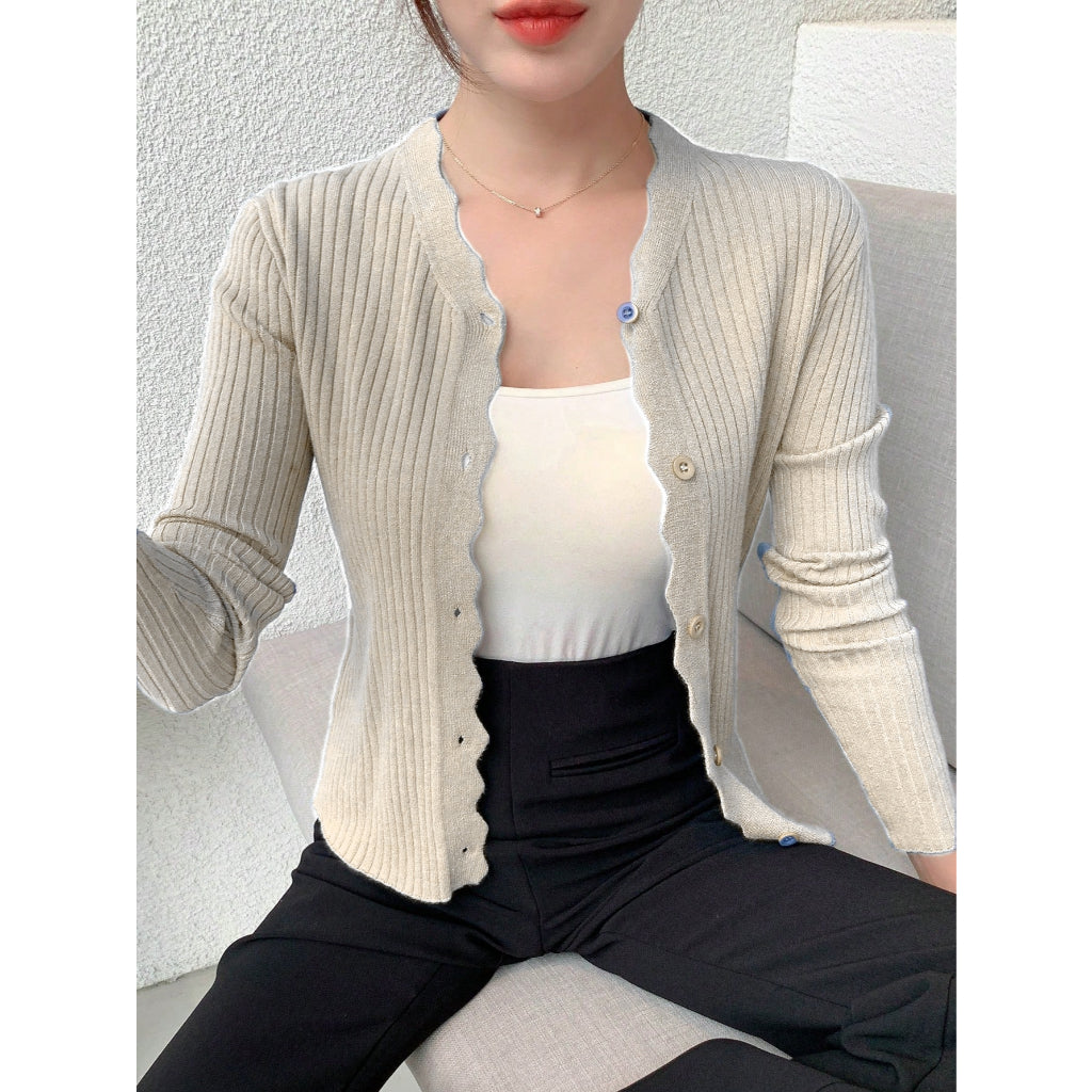Cárdigan Mujer Tejido Canal Suave Cuello Ondulado Manga Larga Morado Elegante Casual Oficina