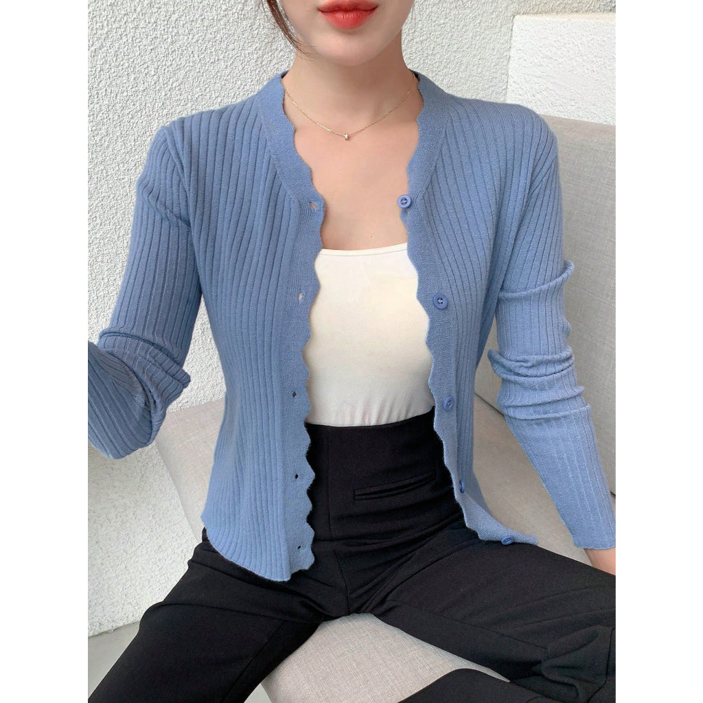 Cárdigan Mujer Tejido Canal Suave Cuello Ondulado Manga Larga Morado Elegante Casual Oficina