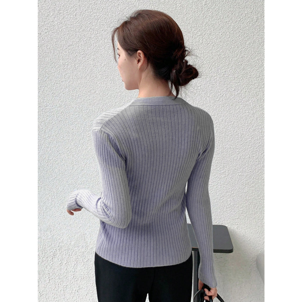 Cárdigan Mujer Tejido Canal Suave Cuello Ondulado Manga Larga Morado Elegante Casual Oficina