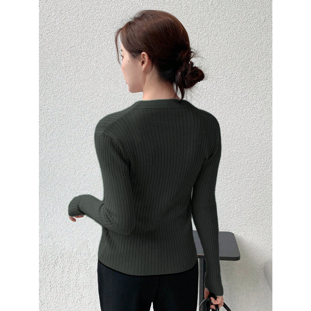 Cárdigan Mujer Tejido Canal Suave Cuello Ondulado Manga Larga Morado Elegante Casual Oficina