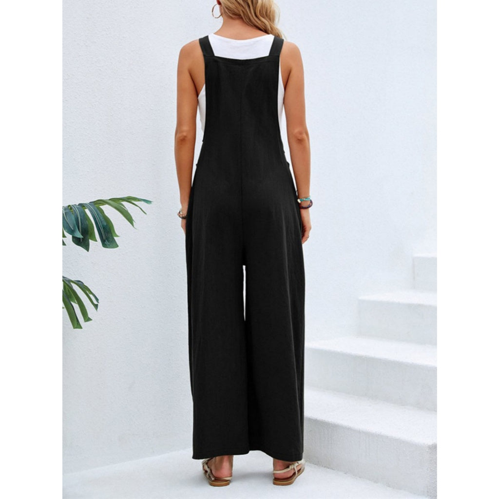 Overol Mujer Casual Tirantes Ajustables Pierna Ancha Negro Bolsillo Lino Verano