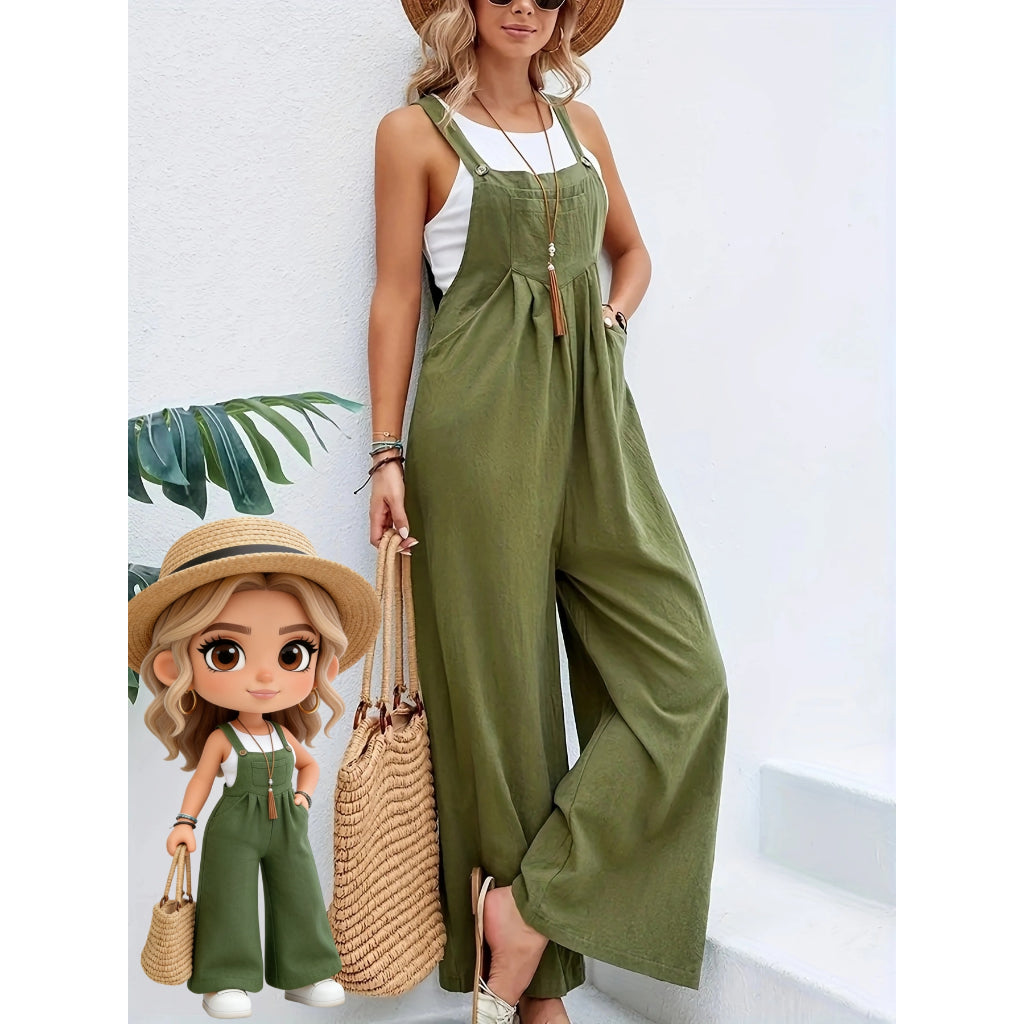 Overol Mujer Casual Tirantes Ajustables Pierna Ancha Negro Bolsillo Lino Verano