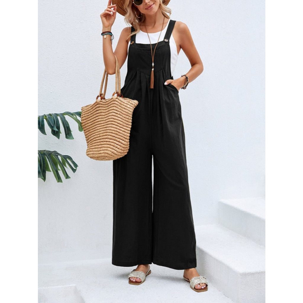 Overol Mujer Casual Tirantes Ajustables Pierna Ancha Negro Bolsillo Lino Verano
