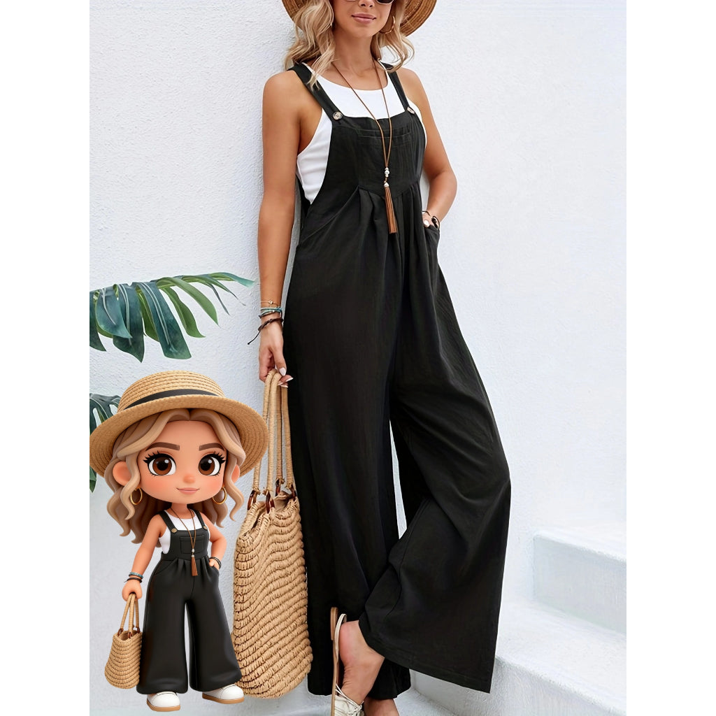 Overol Mujer Casual Tirantes Ajustables Pierna Ancha Negro Bolsillo Lino Verano