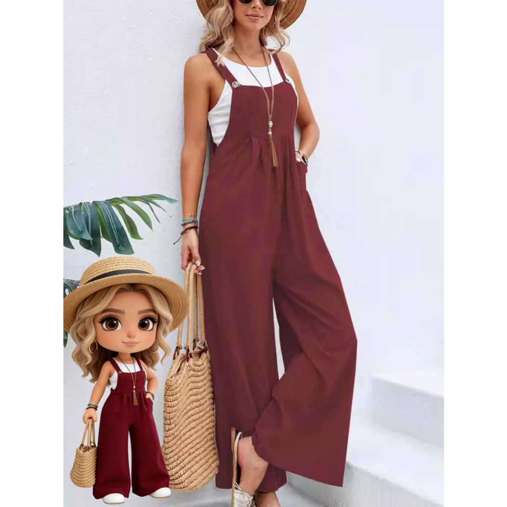Overol Mujer Casual Tirantes Ajustables Pierna Ancha Negro Bolsillo Lino Verano