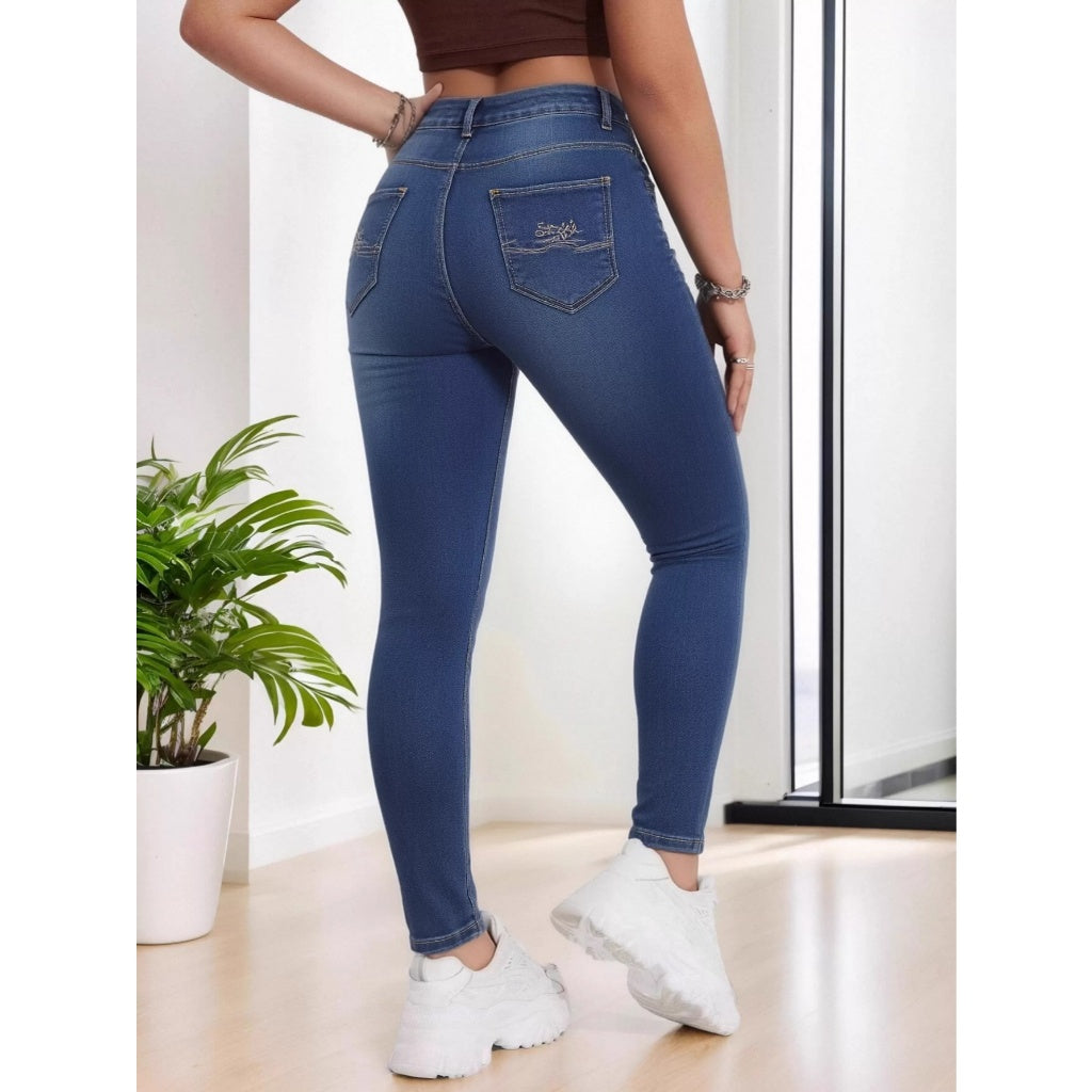 Jeans Mujer Elástico Cintura Alta Corte Recto Azul Oscuro Pantalones Vaqueros Casual Diario