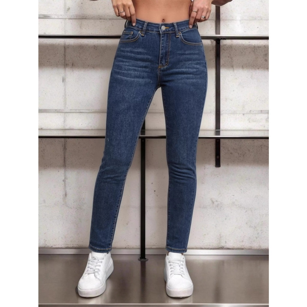 Jeans Mujer Elástico Cintura Alta Corte Recto Azul Oscuro Pantalones Vaqueros Casual Diario