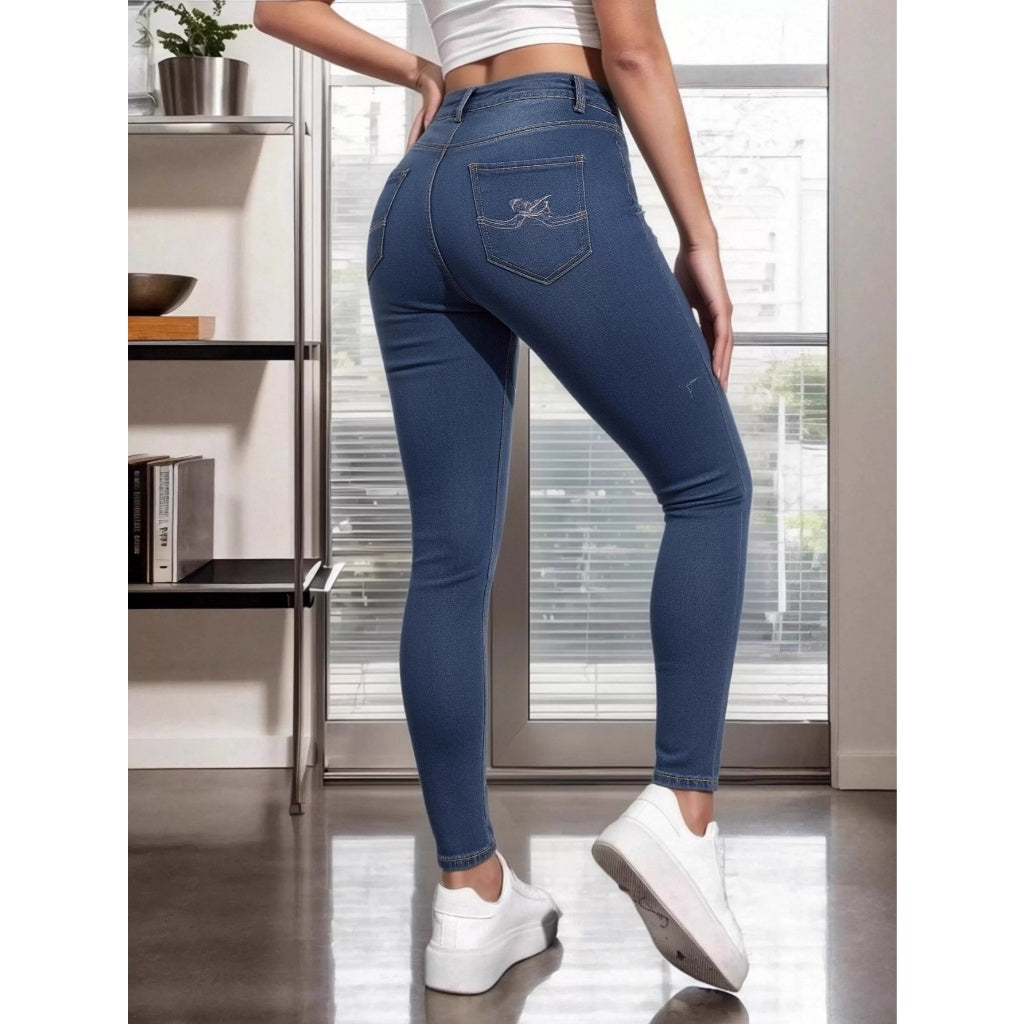 Jeans Mujer Elástico Cintura Alta Corte Recto Azul Oscuro Pantalones Vaqueros Casual Diario