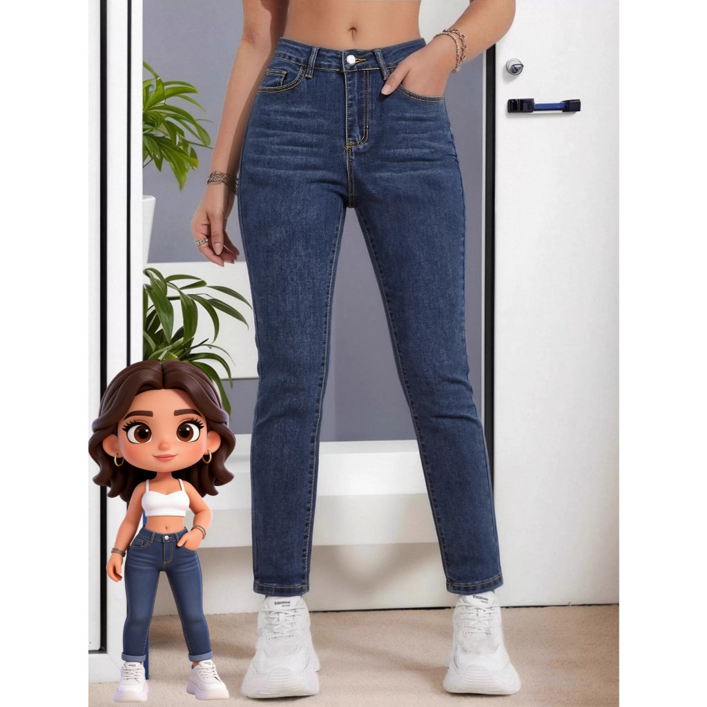 Jeans Mujer Elástico Cintura Alta Corte Recto Azul Oscuro Pantalones Vaqueros Casual Diario