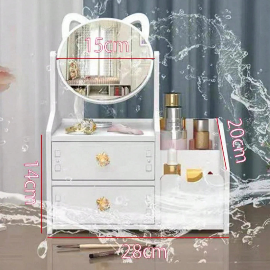 Maquillaje Multifuncional Espejo Orejas Gato Blanco Cajones Almacenamiento Cosméticos Escritorio