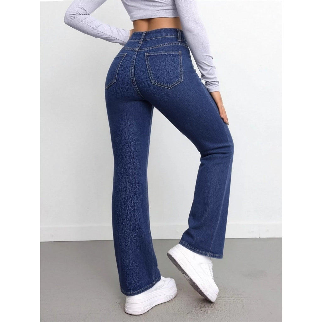 Pantalones Vaqueros Mujer Elásticos Levanta Glúteos Tiro Alto Pierna Acampanada Azul Oscuro Delgante