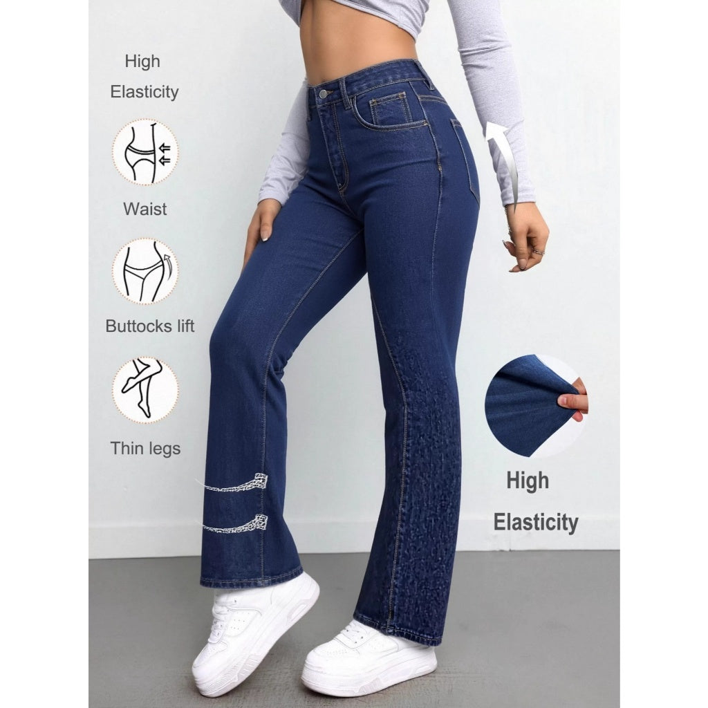 Pantalones Vaqueros Mujer Elásticos Levanta Glúteos Tiro Alto Pierna Acampanada Azul Oscuro Delgante