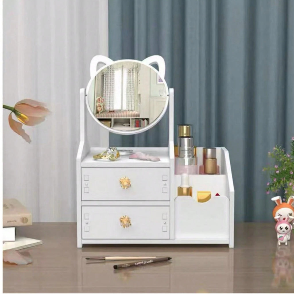 Maquillaje Multifuncional Espejo Orejas Gato Blanco Cajones Almacenamiento Cosméticos Escritorio