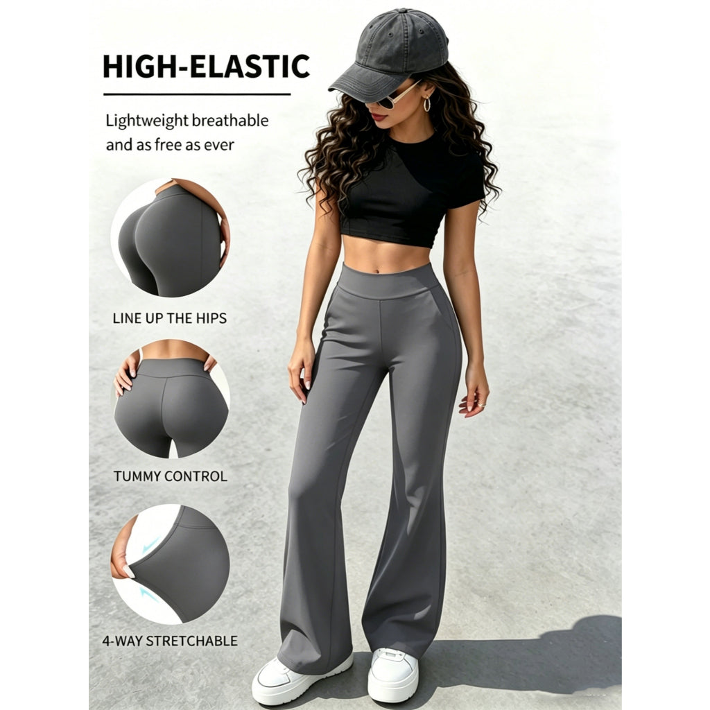Pantalones Yoga Mujer Elástico Vías Cintura Alta Control Abdominal Pantalón Campana Gimnasio Casual