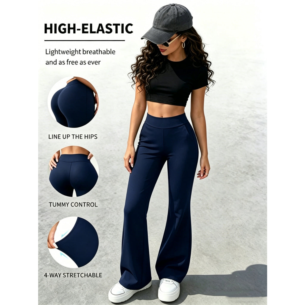Pantalones Yoga Mujer Elástico Vías Cintura Alta Control Abdominal Pantalón Campana Gimnasio Casual